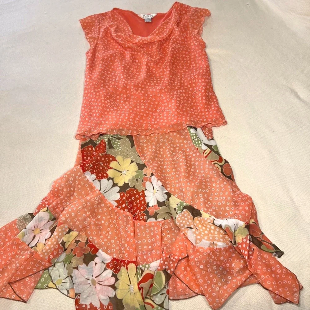 Vintage 90s Allison Taylor Orange Floral Patchwork Skirt Set Cowl Neck Top M